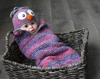 Crochet Baby Cocoon: Purple & Pink Owl Swaddle Sack