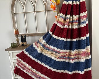 Hand Crocheted Red White and Blue Afghan: Extra Large Throw