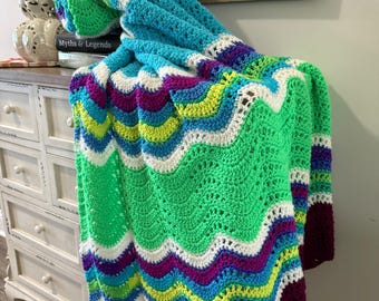 Spring Greenwith Blues and Purples Blanket, Large Throw, Chevron Farmhouse Style Blanket