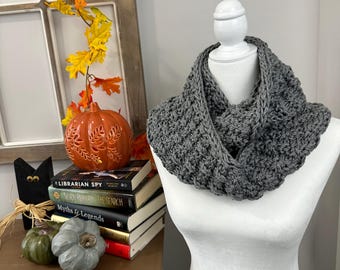 Handmade Gray Heather Crochet Cowl: Acrylic Knit Infinity Scarf