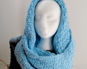 Light Blue Crochet Hooded Scarf: Women's Snoodie