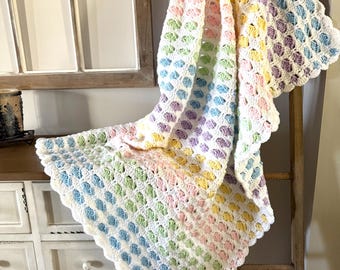 Spring Pastel Small Crochet Blanket, Soft Colored Rainbow Afghan, Easter Shell Throw