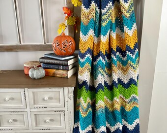 Fall Crochet Throw Blanket: Green, Gold, and Blue Ripple Afghan, Chevron Medium Blanket