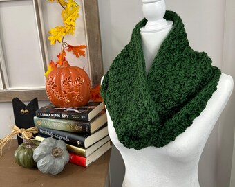 Dark Sage Knit Cowl: Acrylic Green Infinity Scarf