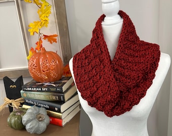 Handmade Crochet Autumn Red Cowl: Acrylic Knit Infinity Scarf