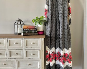Gray Crochet Blanket: Large Wave Stitch Afghan, Farmhouse Throw