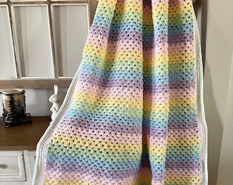 Easter Granny Stitched Throw, Spring Pastel Small Crochet Blanket, Soft Colored Rainbow Afghan