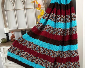 Hand Crocheted Afghan: Red, Brown & Turquoise Western Throw