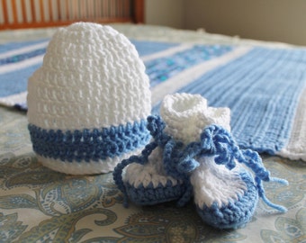 Crochet Baby Set: Blue & White Blanket, Hat, Booties (Newborn)