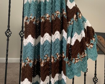 Blue and Brown Blanket, Large Chevron Throw, Coastal Home Décor
