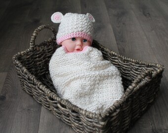 Crochet Baby Teddy Bear Cocoon: Cream & Pink Swaddle Outfit