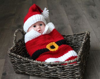 Baby Crochet Cocoon and Hat, Baby Swaddle Sack, Winter Holiday Baby Outfit, Baby Christmas Photo Prop