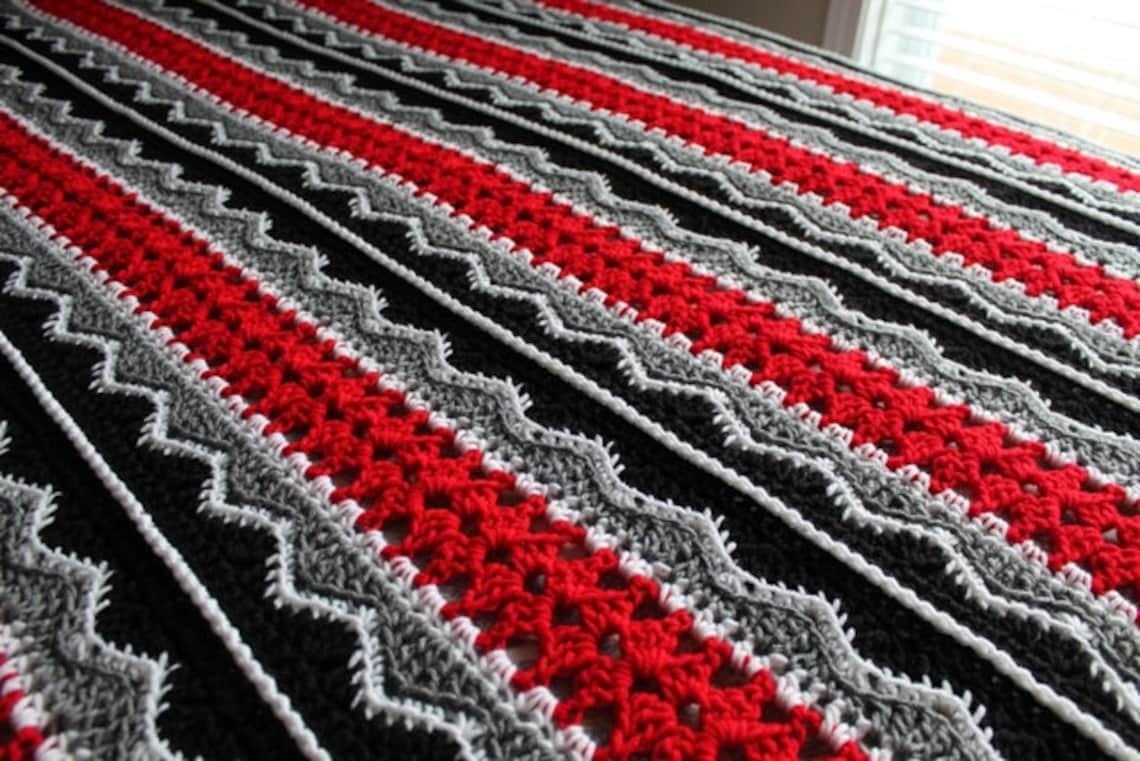 Afghan Handmade Crochet Queen Size Blanket Red Grey Etsy