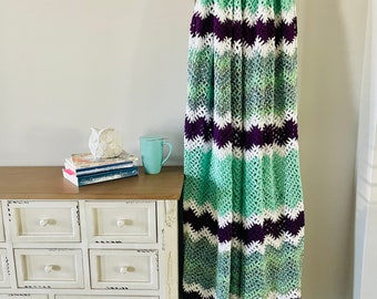Mint And Purple Summer Crochet Blanket, Large Throw, Stripes Farmhouse Style Blanket