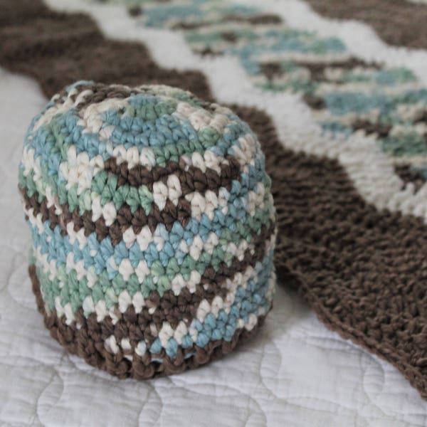 Crochet Kids Blanket - Brown and Blue Baby Blanket and Hat - Crochet Baby Striped Afghan, Crib Blanket, , Hat and Blanket Baby Set