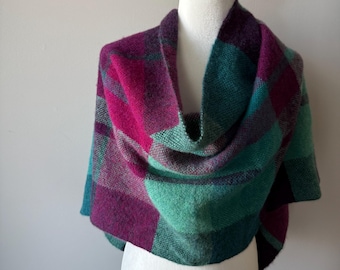 Handwoven Virgin Wool Plaid Shawl: Mermaid Teal Purple Scarf