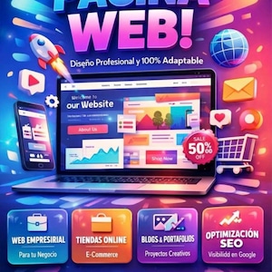 Puede incluir: Un anuncio de marketing digital con el texto "¡CREAMOS TU PÁGINA WEB!" en azul y rosa. La imagen incluye un portátil que muestra un sitio web, un cohete e iconos para diseño web, comercio electrónico, SEO y más.