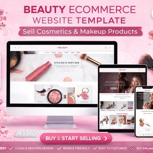 Puede incluir: Una plantilla de sitio web rosa para comercio electrónico de belleza, que muestra una computadora de escritorio, una tableta y un teléfono inteligente que muestran un sitio web de cosméticos. La imagen incluye productos de maquillaje, brochas y el texto "Sell on Etsy."