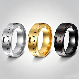Caesar Cipher Spinner Ring, Stainless Steel Decoder Fidget Band, Secret Message Jewelry, Geocaching Gift