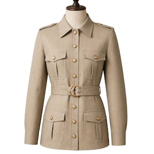 Beige Belted Military Jacket for Women – Safari Style Utility Coat, Tailored Button-Up Jacket, Elegant Casual Outerwear