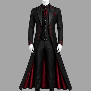 May include: A black long-coat suit featuring a red floral pattern along the lapels and cuffs, paired with a matching black vest, black trousers, and a red patterned cravat. The coat has a deep red lining visible at the hem and a pocket square.