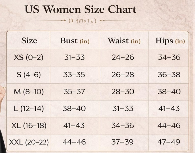 Puede incluir: Una tabla de tallas de mujer de EE. UU. con medidas de busto, cintura y cadera en pulgadas. Las tallas van de XS (0-2) a XXL (20-22). La tabla proporciona las medidas correspondientes, con medidas de busto de 79-117 cm.