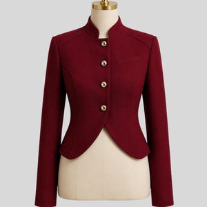 Burgundy Cropped Military Jacket for Women – Tailored Officer Style Blazer, Elegant Short Coat, Minimalist Formal Jacket