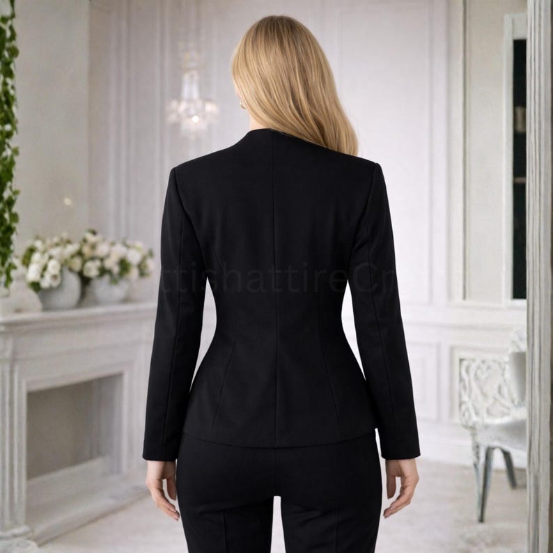 Puede incluir: Un traje negro, compuesto por una blazer entallada y pantalones a juego. La blazer tiene una silueta entallada con solapas y mangas largas. Los pantalones parecen ser de estilo cl&aacute;sico de pierna recta. El traje est&aacute; hecho de una tela oscura y lisa.