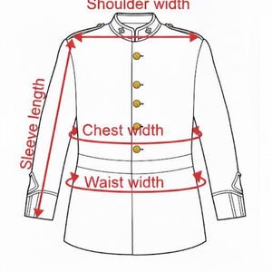 Puede incluir: Diagrama de una chaqueta blanca de estilo militar con botones dorados, que muestra los puntos de medici&oacute;n para el ancho de los hombros, la longitud de la manga, el ancho del pecho y el ancho de la cintura. La chaqueta tiene un cuello alto y pu&ntilde;os decorativos.