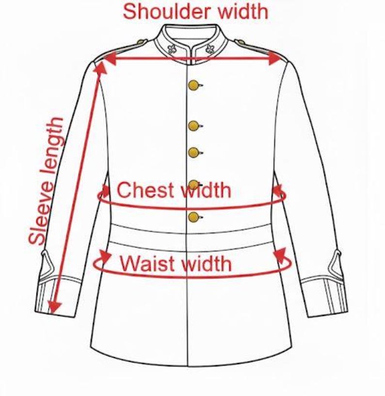Puede incluir: Diagrama de una chaqueta blanca de estilo militar con botones dorados, que muestra los puntos de medici&oacute;n para el ancho de los hombros, la longitud de la manga, el ancho del pecho y el ancho de la cintura. La chaqueta tiene un cuello alto y pu&ntilde;os decorativos.