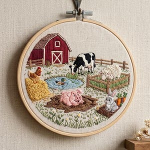 Puede incluir: Un bastidor de bordado circular con una escena de granja que incluye un granero rojo, una vaca blanca y negra, un cerdo rosa en un charco de barro, una gallina marrón sobre heno, una oveja blanca en un corral, un conejo gris y un estanque.