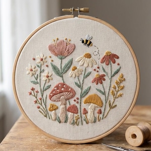 Beginner Embroidery Kit, Wildflower Mushroom Bee, Cottagecore Woodland Floral DIY Craft Kit, Easy Nature Hand Embroidery
