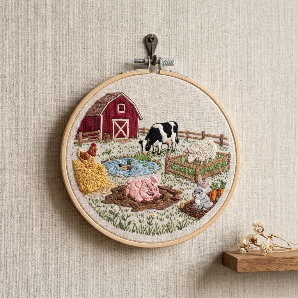 Farm Animal Embroidery Kit Cute Countryside Barnyard Scene Beginner…