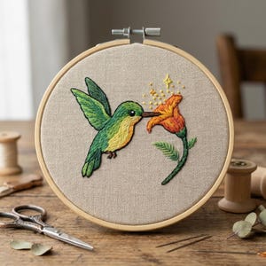 May include: Embroidered hummingbird design in a wooden hoop. The bird is green and yellow, feeding from an orange flower. The background is a neutral linen fabric. Craft project with scissors and thread spools.