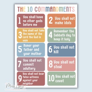 Póster de los 10 Mandamientos, Arte mural bíblico cristiano para niños, Decoración arcoíris para la escuela dominical, Descarga digital