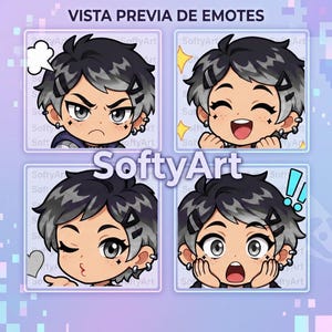 Puede incluir: Un conjunto de ilustraciones digitales titulado VISTA PREVIA DE EMOTES que muestra cuatro expresiones de personajes estilo chibi con cabello oscuro, reflejos plateados y piercings. Los personajes muestran emociones de enojo, alegría, beso y sorpresa.