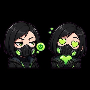 Puede incluir: Un conjunto de cuatro pegatinas digitales que muestran un personaje estilo chibi con cabello negro y una máscara respiratoria negra con detalles en verde brillante. El personaje muestra varias expresiones, incluyendo un pulgar hacia arriba, una mirada escéptica, ojos de corazón y durmiendo.