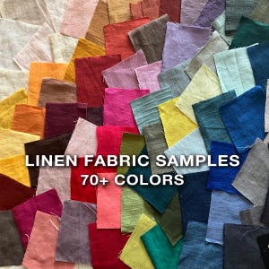 Könnte beinhalten: Eine Sammlung von Leinenstoffmustern in verschiedenen Farben, darunter Rot-, Rosa-, Gelb-, Blau- und Grüntöne. Der Text "LINEN FABRIC SAMPLES 70+ COLORS" ist in Weiß dargestellt.