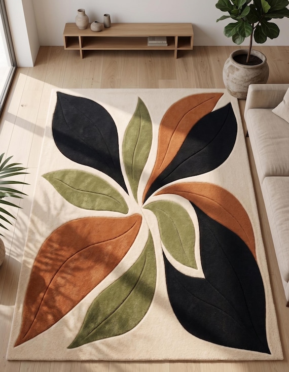 Handcrafted Hand Tufted Rug | Botanical Leaf Area Rug | Custom Wool Carpet | Green Rust Cream Rug | Modern Boho Tufted Floor Rugs