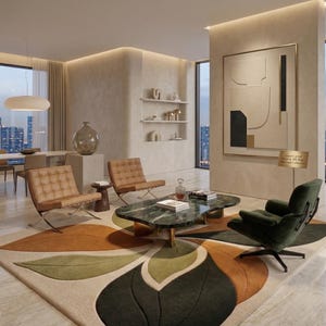 Custom green and rust area rug (Teppich modern) showing high-density tufted textures and sharp autumn aesthetic leaf contours.