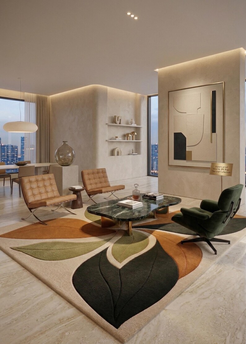 Custom green and rust area rug (Teppich modern) showing high-density tufted textures and sharp autumn aesthetic leaf contours.