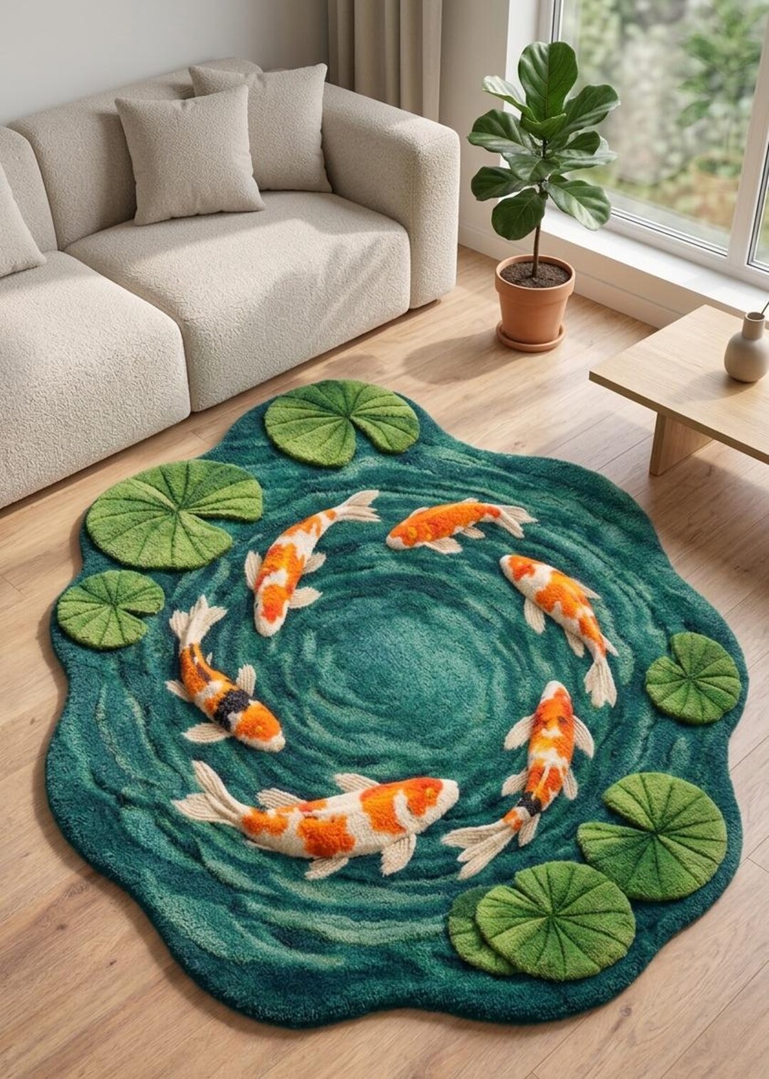Pond Colors Rug Handcrafted Hand Tufted Rug | Cool Koi Fish Pond Area Rug | Custom Wool ...