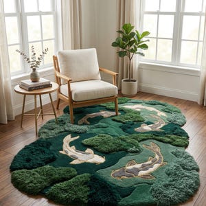 Pode incluir: Um tapete verde e branco com um design de peixes koi. O tapete apresenta um fundo verde escuro com detalhes em verde mais claro e vários peixes koi em tons de branco, cinza e dourado. O tapete é colocado numa sala de estar.