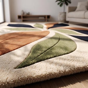 Cool rugs artwork in a clean organic leaf layout combining modern style with an elegant multi-color Tapis structure.