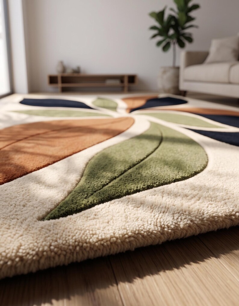 Cool rugs artwork in a clean organic leaf layout combining modern style with an elegant multi-color Tapis structure.