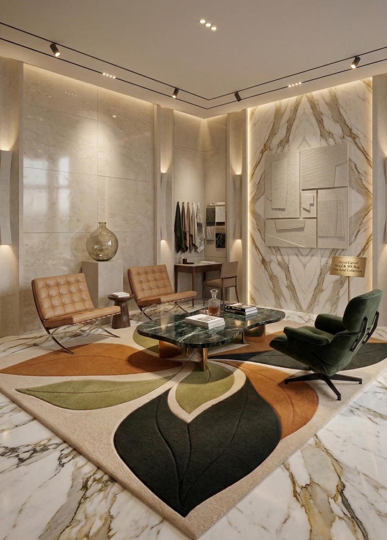 Unique Tapis moderne centerpiece showcasing deep contrast shadows mirroring the structural depth of fine Moroccan rug patterns.