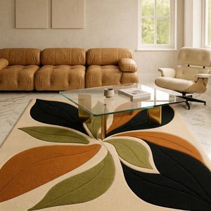 Plush handmade floor mat (Teppich) highlighting beautifully carved leaf tracks and a thick premium structural layout.