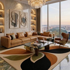 Hand tufted wool Wohnzimmer Teppich with rich premium forest tones, earthy terracotta accents, and soft beige highlights.