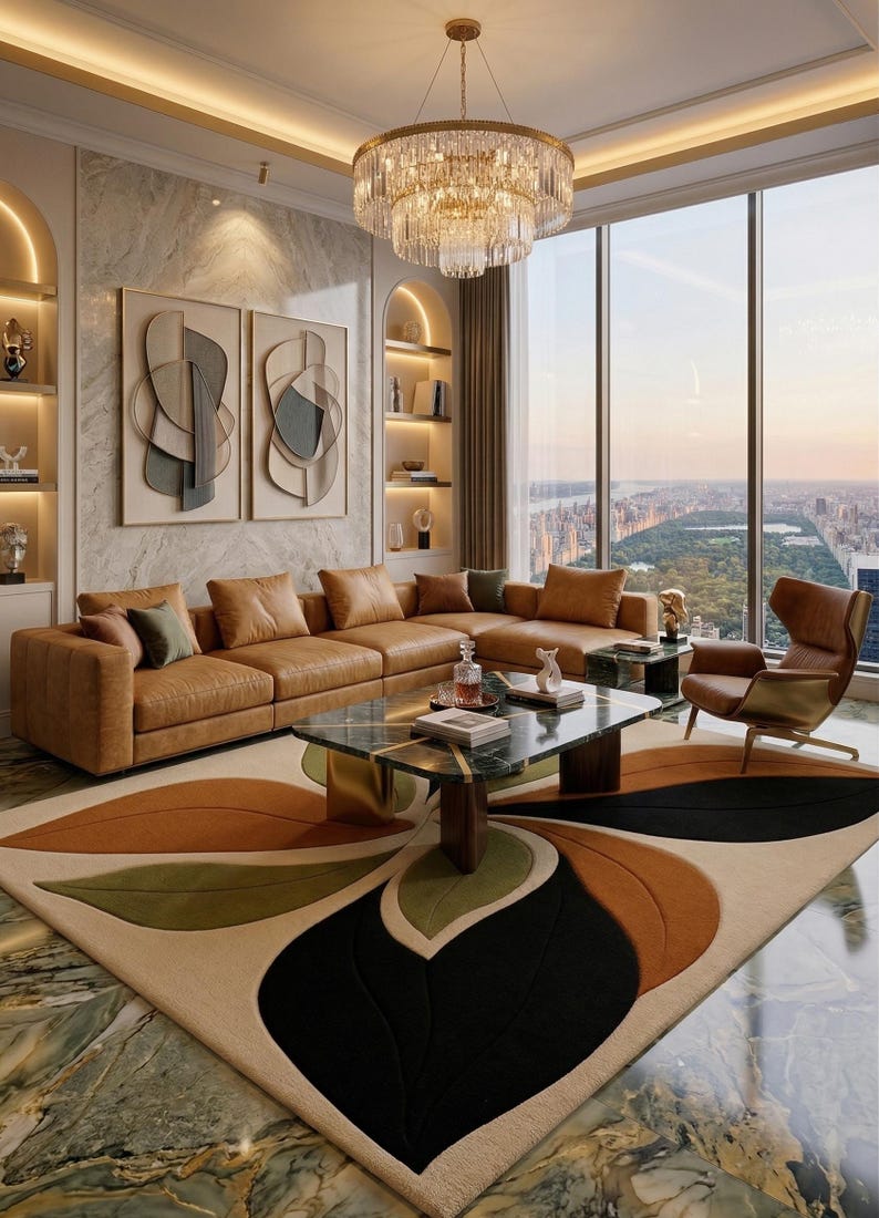 Hand tufted wool Wohnzimmer Teppich with rich premium forest tones, earthy terracotta accents, and soft beige highlights.