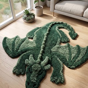 May include: A plush, tufted area rug shaped like a dragon, featuring a deep forest green and lighter sage green colour palette. The rug displays a detailed silhouette with textured wings, a long tail, and a head with small horns, all crafted in a soft, shaggy pile.